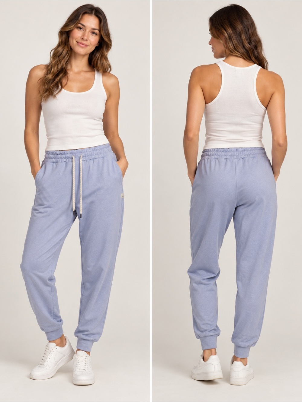 Vuori women’s performance joggers in a soft light blue/periwinkle shade. Feature